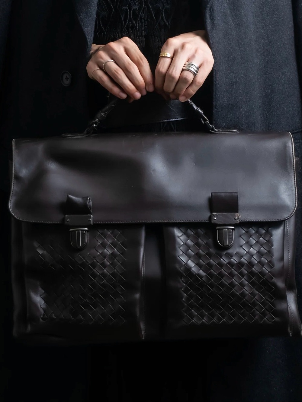 Authentic Bottega Veneta Intrecciato Black Leather Business Bag Briefcase Used